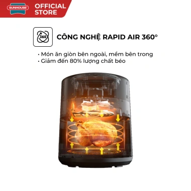Nồi chiên không dầu Sunhouse 6.5L SHD4.030 RapidAir giảm tới 80% dầu mỡ, khoang chiên trong suốt, HAPOS HSA