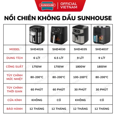 Nồi chiên không dầu SUNHOUSE đa dung tích 6‑9L SHD4.026/SHD4.030/SHD4.035/SHD4.037 – 12 tháng bảo hành, giảm còn 1.089.000₫