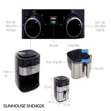 Nồi chiên không dầu SUNHOUSE đa dung tích 6‑9L SHD4.026/SHD4.030/SHD4.035/SHD4.037 – 12 tháng bảo hành, giảm còn 1.089.000₫