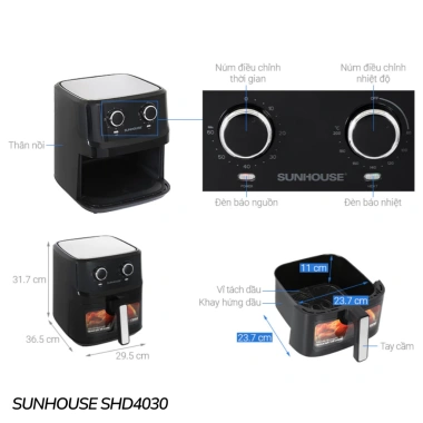 Nồi chiên không dầu SUNHOUSE đa dung tích 6‑9L SHD4.026/SHD4.030/SHD4.035/SHD4.037 – 12 tháng bảo hành, giảm còn 1.089.000₫