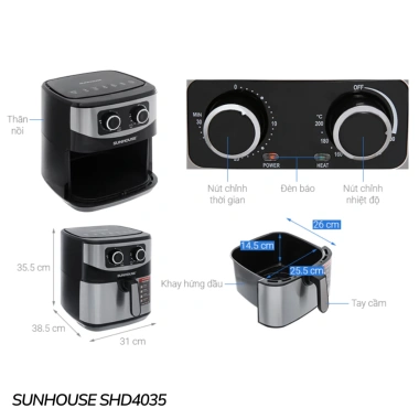 Nồi chiên không dầu SUNHOUSE đa dung tích 6‑9L SHD4.026/SHD4.030/SHD4.035/SHD4.037 – 12 tháng bảo hành, giảm còn 1.089.000₫