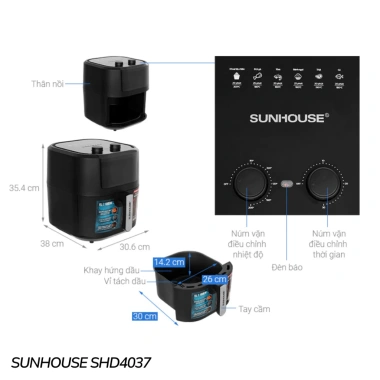 Nồi chiên không dầu SUNHOUSE đa dung tích 6‑9L SHD4.026/SHD4.030/SHD4.035/SHD4.037 – 12 tháng bảo hành, giảm còn 1.089.000₫