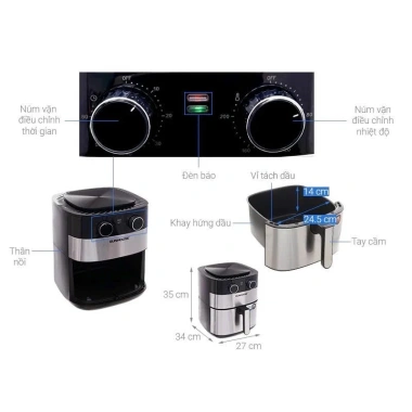 Nồi chiên không dầu SUNHOUSE SHD4.026 6.0L 1.750W - Núm cơ, nướng gà nguyên con
