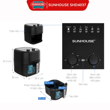 Nồi Chiên Không Dầu Sunhouse SHD4.030-4.039, Giá 1.099.000, Bảo Hành 12 Tháng