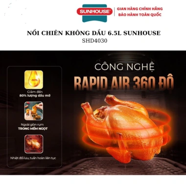 Nồi chiên không dầu Sunhouse SHD4.030 6.5L cửa kính - BH 12 tháng, kèm sách công thức & chổi quét dầu