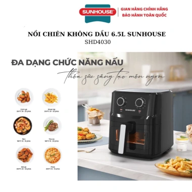 Nồi chiên không dầu Sunhouse SHD4.030 6.5L cửa kính - BH 12 tháng, kèm sách công thức & chổi quét dầu