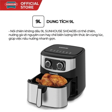 Nồi chiên không dầu Sunhouse SHD4.035 9L 1.800W - Núm xoay, tự ngắt quá tải - Giá 2,585,000₫