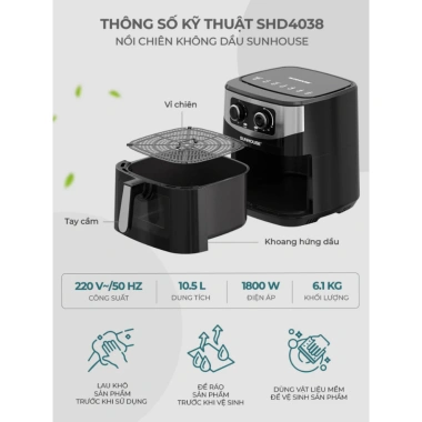 Nồi chiên không dầu Sunhouse SHD4.038 10.5L, SHD4.035/4.037 9L, SHD4.030 6.5L – Bảo hành 12 tháng, Giá 1.12 triệu 8