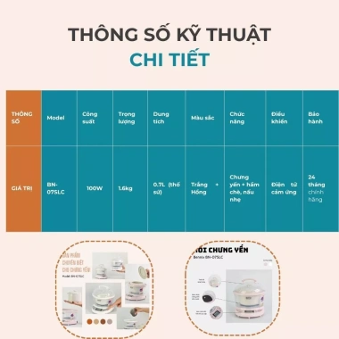 Nồi chưng yến cao cấp BN-07SLC 0.7L 100W - hầm chè, nấu nhẹ, bảo hành 24 tháng, giá ưu đãi 721,548₫