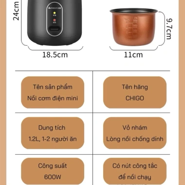 Nồi cơm điện Chigo 1,2L giảm giá 185.000 - Tiết kiệm năng lượng, nấu nhanh 8