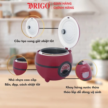 Nồi cơm điện Drigo D2 0.8L chính hãng - Mini 1 người, phù hợp học sinh sinh viên, bảo hành 12 tháng, giá 440.000₫