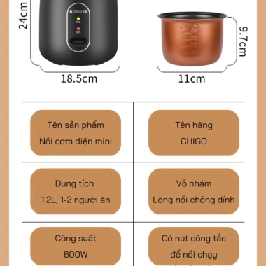 Nồi Cơm Điện Mini 1.2L HGHOME Nấu Cơm Hầm Cháo Hấp Xào Luộc Giá 280.000 VND