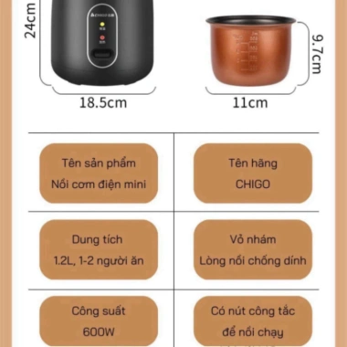 Nồi Cơm Điện Mini Chigo 1.2L Chính Hãng - Đa Năng Nấu Cơm, Hầm, Cháo, Hấp, Luộc, Giá 199.000đ