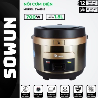 Nồi Cơm Điện SOWUN SW6.918 1.8L - Lòng Niệu Hợp Kim Nhôm, Chống Dính Teflon, Giá 620.000 VND