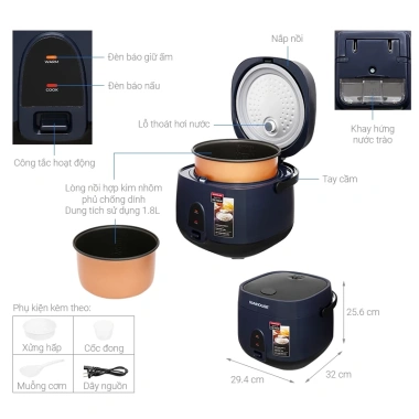Nồi Cơm Điện Sunhouse 1.8L SHD8.611N/R 700W - Màu Xanh Đỏ, Bảo hành 12 tháng, Giá chỉ 679.000 VND 9
