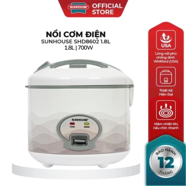 Nồi Cơm Điện SUNHOUSE SHD8.602 1.8L Trắng Hoa Văn Ghi Chống Dính Bảo Hành 1 Năm