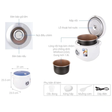 Nồi Cơm Điện Sunhouse SHD8.606 1.8L 700W - Giá Ưu Đãi 759.000, Bảo Hành 12 Tháng