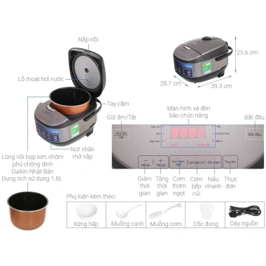 Nồi Cơm Điện Tử Midea MB-FS5.020 1.8L 760W Lòng Nồi 3mm, Giữ Ấm Lâu, Hàng Chính Hãng
