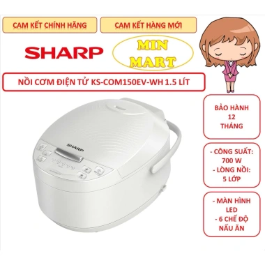 Nồi cơm điện tử Sharp 1.5L KS-COM150EV-WH, hấp nhanh, chính hãng, bảo hành 12 tháng, 839.000₫