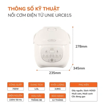 Nồi Cơm Điện Tử Unie URC815 1.5L Gốm Tự Nhiên 700W Ủ Ấm 3D - Hàng chính hãng 2