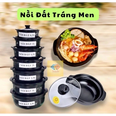 Nồi đất sứ PAN tráng men lòng cạn nắp kính chống dính - Đủ size, giá sỉ 57k cho cá, thịt, mì cay, cơm niêu