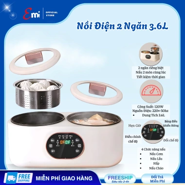 Nồi điện đa năng 2 ngăn 3.6L EMI 1.200W - 6 chức năng nấu, hẹn giờ, hấp lẩu, giảm giá 439k, tiết kiệm thời gian, đồ gia dụng thông minh