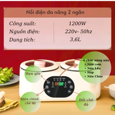Nồi điện đa năng 2 ngăn 3.6L EMI 1.200W - 6 chức năng nấu, hẹn giờ, hấp lẩu, giảm giá 439k, tiết kiệm thời gian, đồ gia dụng thông minh