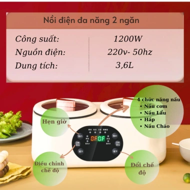 Nồi Điện Đa Năng 2 Ngăn 3,6L TADI 6 Chức Năng - Hẹn giờ thông minh, giá chỉ 439.000