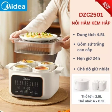 Nồi hầm hấp gốm trắng MD-DZC2.501 – 4 thố 0.5L + thố 2.5L, nấu cháo, chưng yến, giá ưu đãi 1.545.000 VND