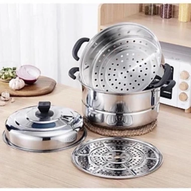 Nồi Hấp Inox 3 Tầng 2 Vỉ Siêu To 28cm – Nấu Gà, Bánh Bao, Chưng Yến chỉ 199.000