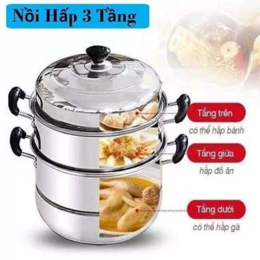 Nồi Hấp Inox 3 Tầng 28cm - Kèm Xửng, Dùng cho Bếp Từ & Ga, Thích hợp Bánh Bao, Flan