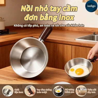 Nồi inox mini 14cm tay cầm gỗ chịu nhiệt, chảo rán thép không gỉ, dùng cho bếp từ và gas, giá ưu đãi 30.400đ