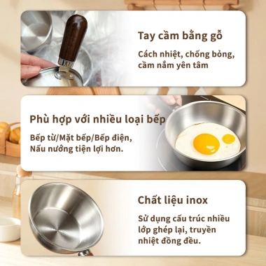 Nồi inox mini 14cm tay cầm gỗ chịu nhiệt, chảo rán thép không gỉ, dùng cho bếp từ và gas, giá ưu đãi 30.400đ
