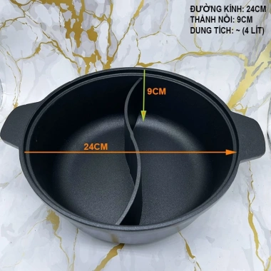 Nồi lẩu 2 ngăn gang nhôm chống dính, nắp kiếng chịu nhiệt, giảm 20% còn 355.000 VND
