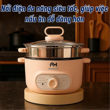 Nồi Lẩu Điện Đa Năng 2 Tầng 22cm 2.5L 800W Chống Dính Vân Đá Nấu Xào Hấp Giá 235.000 VND
