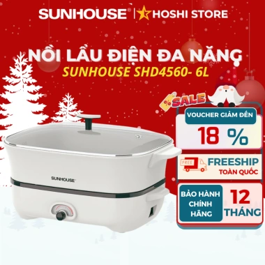 Nồi lẩu điện đa năng 6L SUNHOUSE SHD4.560 1.800W - Lòng dày, men sứ không dính, chỉ 959.000₫