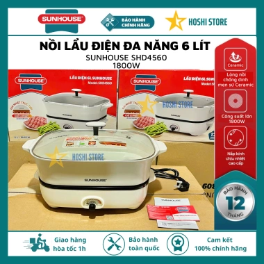 Nồi lẩu điện đa năng 6L SUNHOUSE SHD4.560 1.800W - Lòng dày, men sứ không dính, chỉ 959.000₫