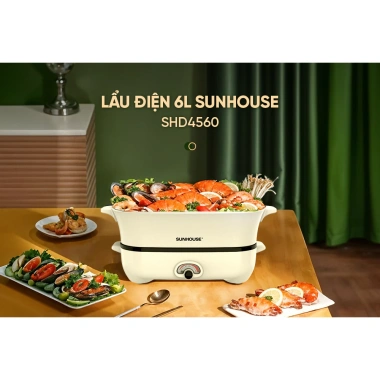 Nồi lẩu điện đa năng 6L SUNHOUSE SHD4.560 1.800W - Lòng dày, men sứ không dính, chỉ 959.000₫