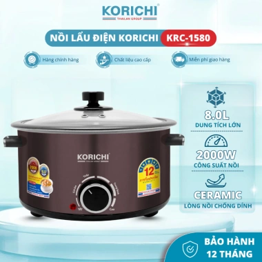 Nồi Lẩu Điện KORICHI KRC-1.580 8L 2.000W, Lòng Ceramic Cao Cấp, Mâm Nhiệt Lớn, 4 Mức Nhiệt Linh Hoạt - Giá 940k