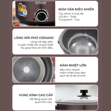 Nồi Lẩu Điện KORICHI KRC-1.580 8L 2.000W, Lòng Ceramic Cao Cấp, Mâm Nhiệt Lớn, 4 Mức Nhiệt Linh Hoạt - Giá 940k
