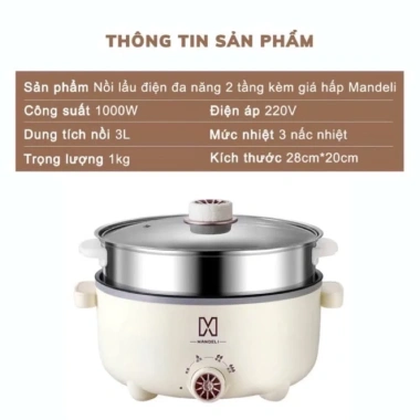 Nồi Lẩu Điện Mandeli 1.000W 4L - Xửng Hấp Inox Đa Năng Chiên Xào, Hiệu Suất Cao, Giá 105k
