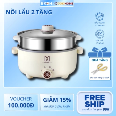 Nồi Lẩu Điện Mandeli 2 Tầng 1.000W 3.5L 28cm Lòng Vân Đá Chống Dính - Nấu & Hấp Đa Năng, Giá 249k