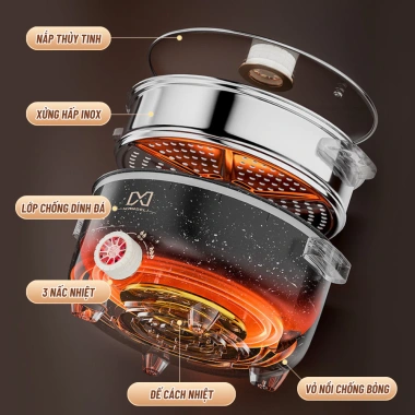 Nồi Lẩu Điện Mandeli 2 Tầng 1.000W 3.5L 28cm Lòng Vân Đá Chống Dính - Nấu & Hấp Đa Năng, Giá 249k