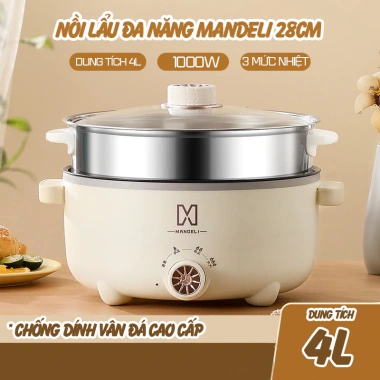 Nồi Lẩu Điện Mandeli 2 Tầng 1.000W 3.5L 28cm Lòng Vân Đá Chống Dính - Nấu & Hấp Đa Năng, Giá 249k