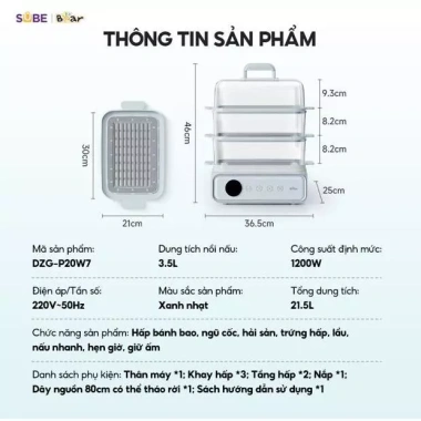 Nồi lẩu hấp BEAR 21.5L DZG-P20W7 - 3 tầng, hấp cá, yến, BH 18t, 1.08 tr 3