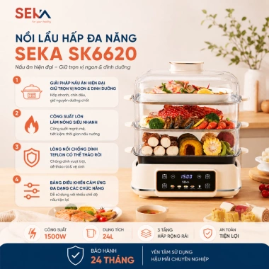 Nồi Lẩu Hấp Điện 4 Tầng SEKA SK6.620 24L - Hấp Gà Nguyên Con, Nhiệt Đều, Bảo Hành 24T, Giá 1.365.000đ