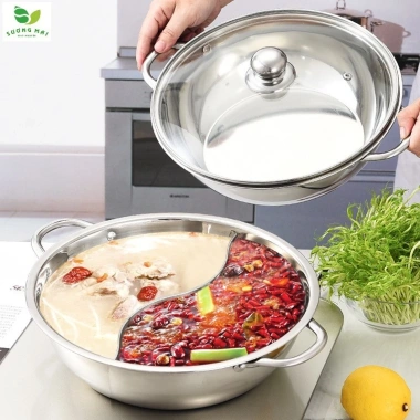 Nồi lẩu Innox cao cấp 2 ngăn riêng, kèm vung, size 32cm - Giá chỉ 94.000₫