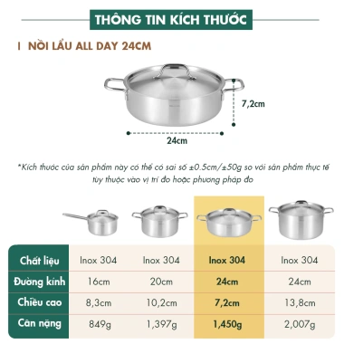Nồi lẩu inox 3 lớp nguyên khối Edelkochen All Day 24cm - Giá ưu đãi 1.38tr