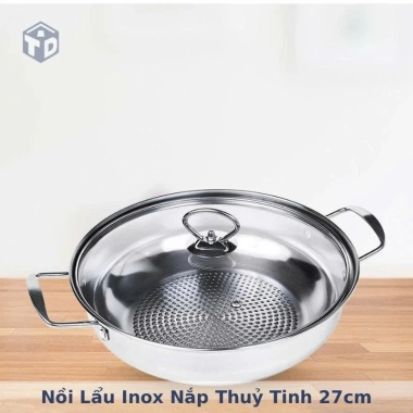 Nồi lẩu inox 304 chống dính 27cm, nắp kính đậy, 2 quai cầm - phù hợp mọi bếp, chỉ 109.000 VND