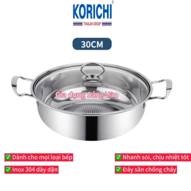 Nồi lẩu inox 304 Korichi 30cm - Dùng mọi bếp, nhanh sôi, đáy sần chống cháy, chịu nhiệt tốt, giá chỉ 142.000